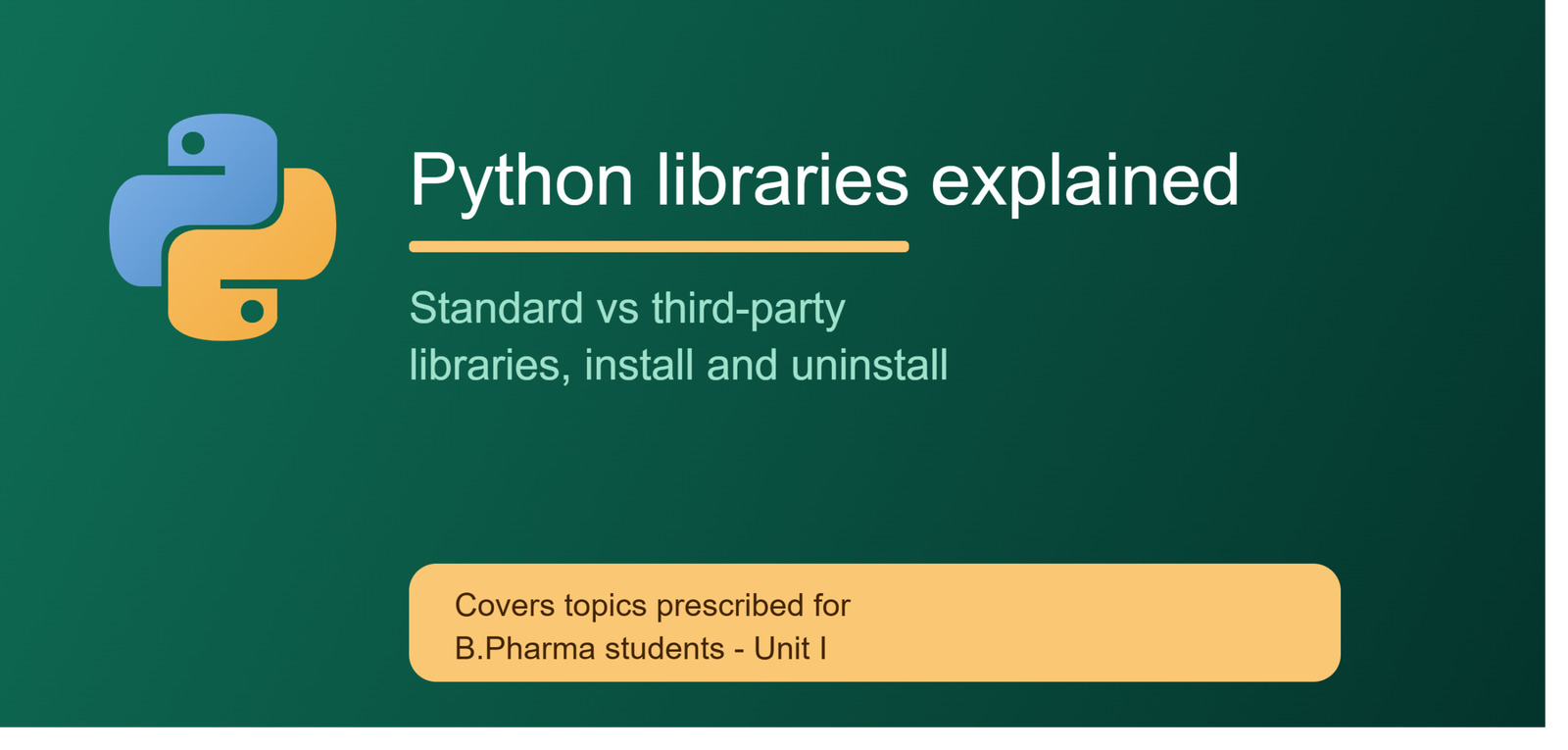 Banner image for a blog post on Python libraries, covering standard vs third-party libraries and installing/uninstalling packages as per B.Pharma syllabus Unit I
