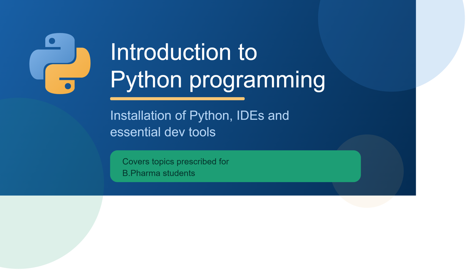 Banner image for a blog post on Introduction to Python Programming, showing installation of Python, IDEs, and essential tools as per the B.Pharma syllabus
